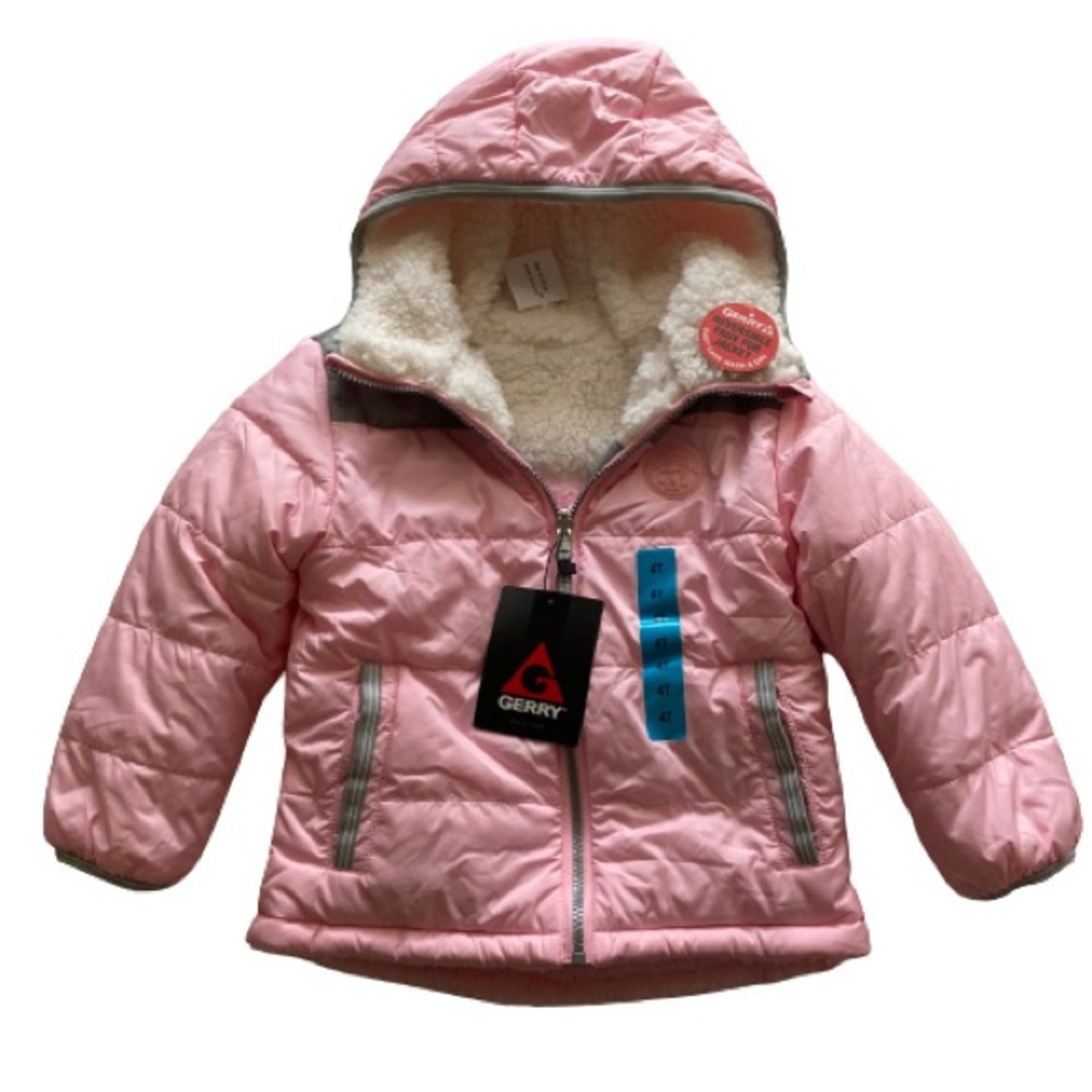 Gerry Kids Reversible Faux Fur Hooded Jacket Girls Size 4T Pink/Cream NWT